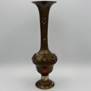 Jeweled Indian  Brass Vase 9 7/8”” Tall Stone Embellishment MCM VNTG